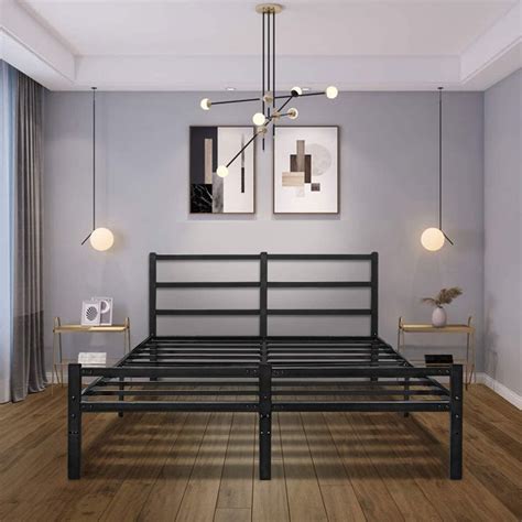 king size metal frame bed with fabric headboard|metal king size bed platform.